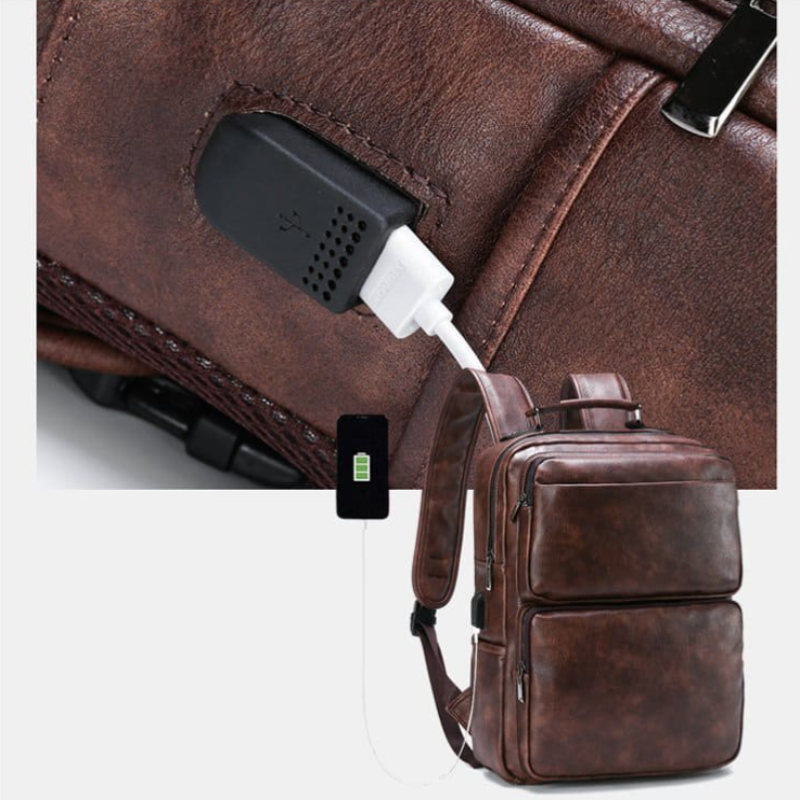 Mochila Masculina de Cuero Genuino Caspian Bag – Ejecutiva Premium con Puerto USB